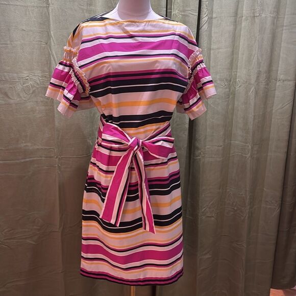 Salvatore Ferragamo 100% cotton Striped Multicolor bell sleeve belted Dress, S - Picture 4 of 13